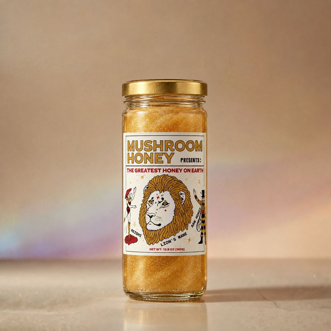 A jar of Mushroom Honey with a gold lid and a circus label showing a lion, an acrobat and a ringmaster